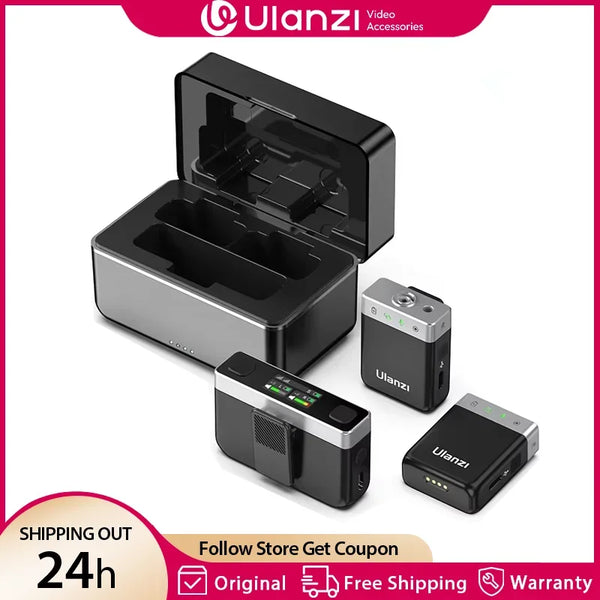 មីក្រូហ្វូនឥតខ្សែ Ulanzi AM18 U-Mic 2.4G ស្តេរ៉េអូ 100 ម៉ែត្រ ភីកអាប់ 20+ ម៉ោង ការថតសំឡេងឆានែលពីរ សម្រាប់ DSLR IOS Android PC ការសម្ភាសន៍ផ្ទាល់