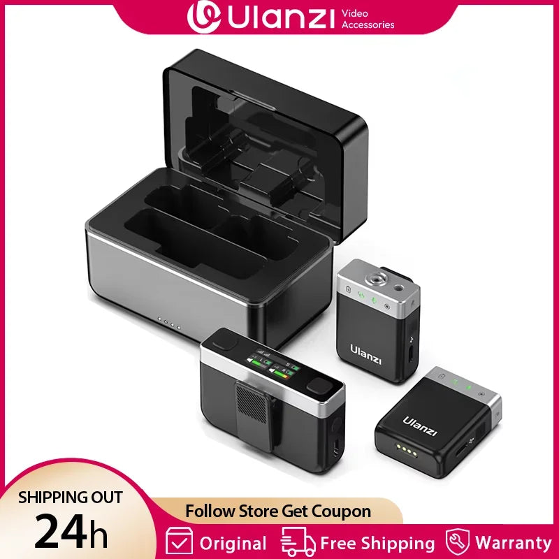 មីក្រូហ្វូនឥតខ្សែ Ulanzi AM18 U-Mic 2.4G ស្តេរ៉េអូ 100 ម៉ែត្រ ភីកអាប់ 20+ ម៉ោង ការថតសំឡេងឆានែលពីរ សម្រាប់ DSLR IOS Android PC ការសម្ភាសន៍ផ្ទាល់