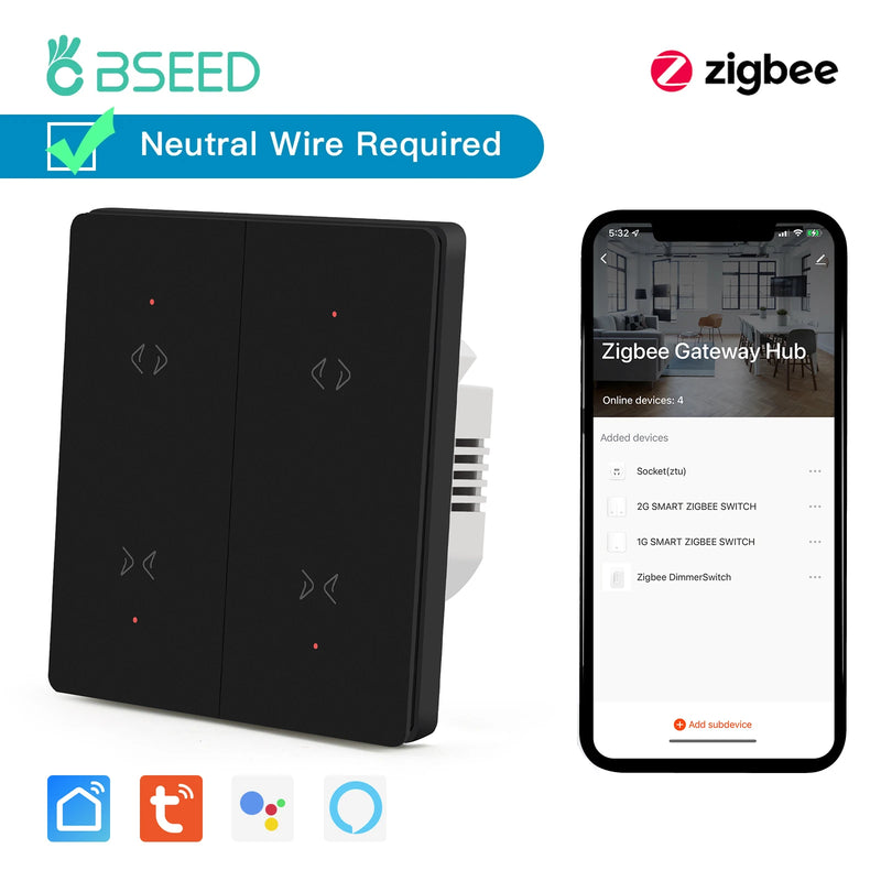 BSEED Zigbee Button Switch 1/2/3Gang 2Way Wall Light Switch Automatic Rebound Smart Curtain Shutter Switch Neutral Required