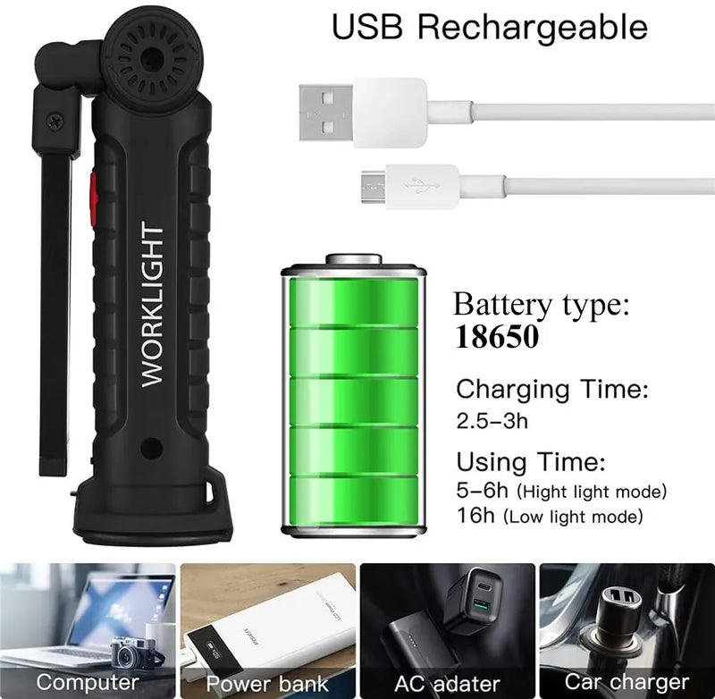 ភ្លើងការងារចល័ត COB LED ពិល USB អាចសាកបាន ចង្កៀងព្យួរម៉ាញេទិក Lanterna ជាមួយថ្មដែលភ្ជាប់មកជាមួយ ពិលបោះជំរុំ