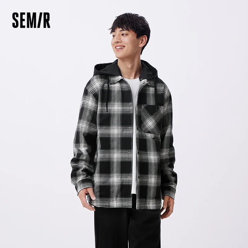 Semir Men Jacket Hooded Detachable Colorblock Plaid Patchwork Casual Outdoor Loose Classic 2026 Autumn Outerwear Daily Wear