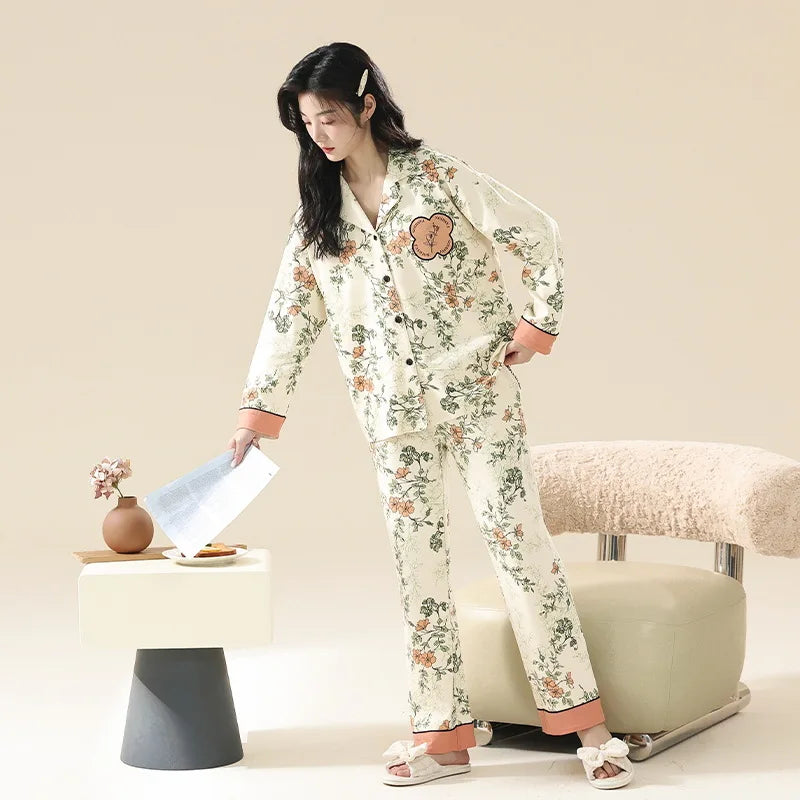 Fashion Printed Women's Pajamas 100% Cotton Long Sleeve Tops Pant Suit Lounge Spring Autumn Home Clothes Big Size Sleepwear