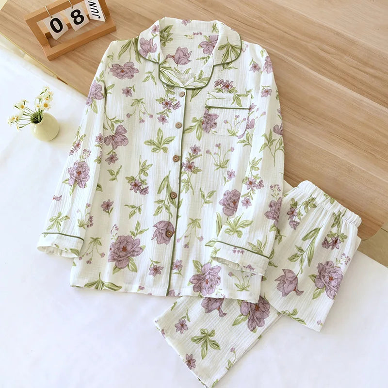 2026 Spring and Autumn Women's Pajama Set 100% Cotton Crepe Long sleeved Pants Two piece Cute and Sweet Ladies Home Fury Set