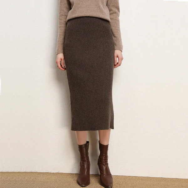 Women's Brown Knit Skirt for Winter, High-waisted, Pink, Calf-length; Available in Black, Beige, and Apricot.