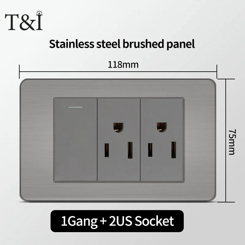 T&I 118 Premium Stainless Steel Brushed Wall Socket with USB Type - C, US Switch, Thai Plug for Home & Office Use