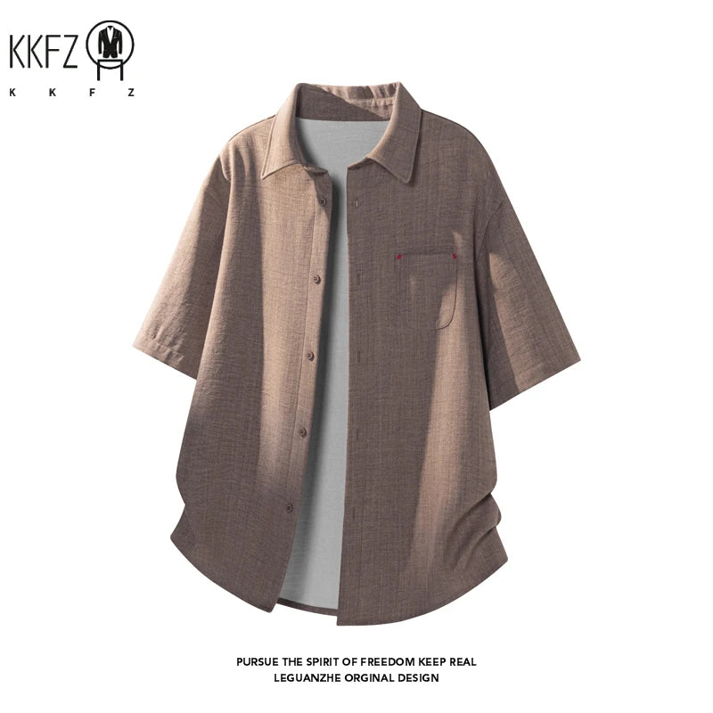 Mens Lapel Collar Short Sleeve Button Up Top Textured Linen Like Fabric Chest Pocket Relaxed Fit For Daily Commute Outfit