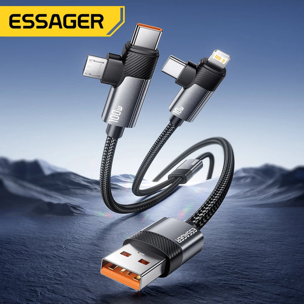 ខ្សែសាកលឿន ESSAGER 2-in-1 100W Type-C/Micro/Lighting 7A ខ្សែសាកទិន្នន័យពហុមុខងារសម្រាប់ iPhone 16 15 Pro Samsung Laptop