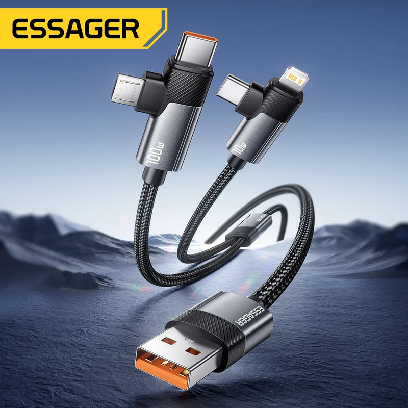 ខ្សែសាកលឿន ESSAGER 2-in-1 100W Type-C/Micro/Lighting 7A ខ្សែសាកទិន្នន័យពហុមុខងារសម្រាប់ iPhone 16 15 Pro Samsung Laptop