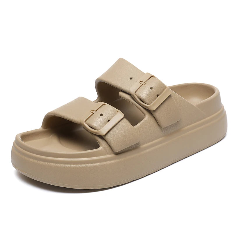 Pure White Womens Slippers Double Buckle Slide Sandals Thick Soles Height Increase 4.5cm Summer Flat Rubber Slides Soft Comfort
