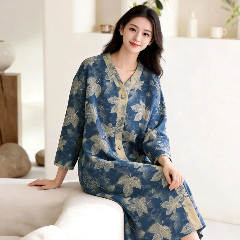 Floral Women's Nightgown New Spring Autumn New Pajamas Dress Nightwear for Woman Sleepwear Pure Cotton Loose Homewear Dress