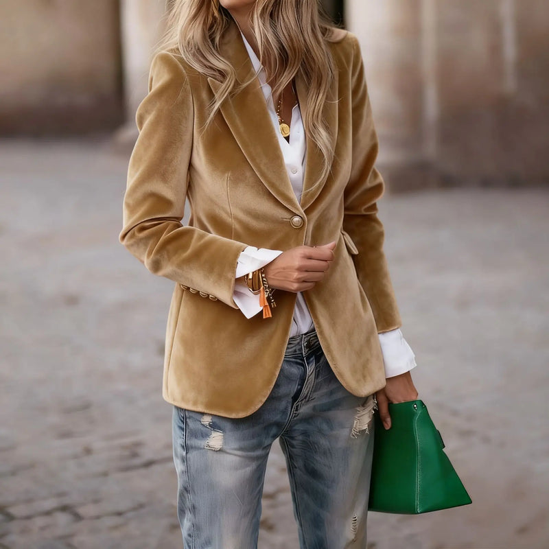 Elegant Women's Long-sleeve Blazer, A V-neck Jacket Made of Corduroy. Available in Black,Purple,Brown,Yellow,Red,Blue,Green,Gray