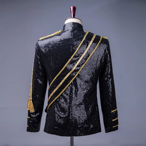 Men's Black Stand-up Collar Jacket in A Court-style Design with Gold Buttons; Ideal for Nightclubs, DJs, Stage Performances.