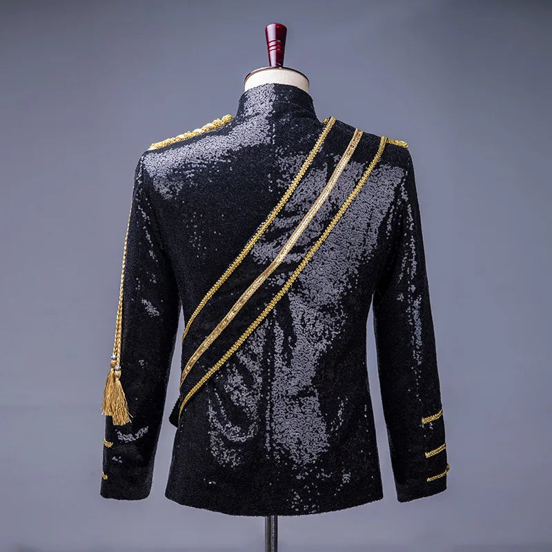 Men's Black Stand-up Collar Jacket in A Court-style Design with Gold Buttons; Ideal for Nightclubs, DJs, Stage Performances.