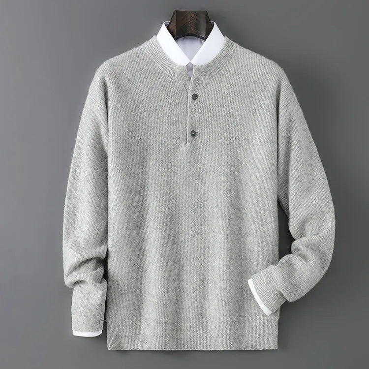 100% Wool Sweater, Round Neck Button Detail, Solid Jacquard Knit, Loose Fit Autumn Winter