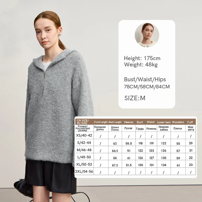 AMII Hooded Women's Sweater 2026 Winter New Shoulder Sleeve Zipper Loose Sweater For Woman Casual Knitted Pullover Top 12554064