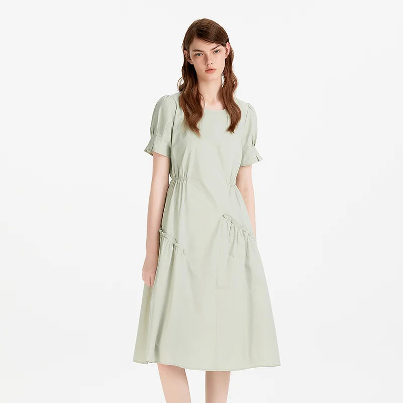 Semir Women Dress Irregular Spliced Ruffle Puff Sleeve Waist Trimming Stylish Midi 2026 Elegant Fashion Casual Daily Wear