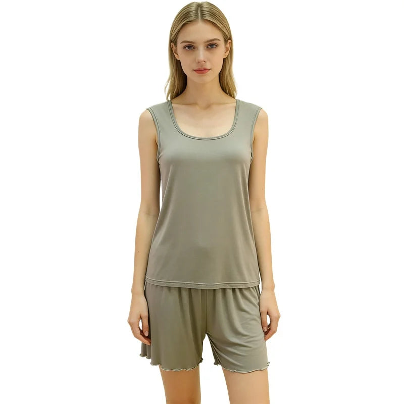 Women's Pajamas Modal Wide Shoulder Double U-neck Vest Shorts Two-piece Set Loose Plus Size Home Suit  Pijama Mujer M-6XL