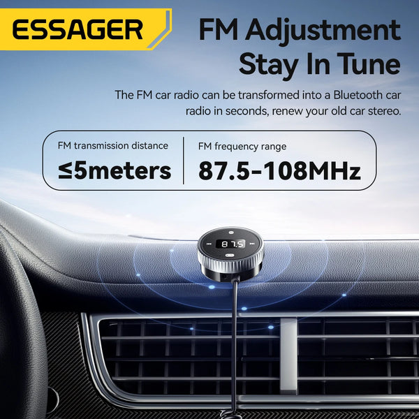 Essager Car Bluetooth 5.3 FM Transmitter Built-in Mic Handsfree LED Display 3.5mm AUX Adapter MP3 Music Player With TF Card Slot
