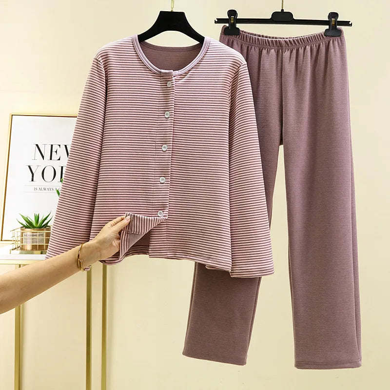 Winter Pajamas Set Fashion Striped Warm Sleepwear De Velvet Thicken Woman Pyjama Sets Home Wear Suit Fleece Pijama Mujer