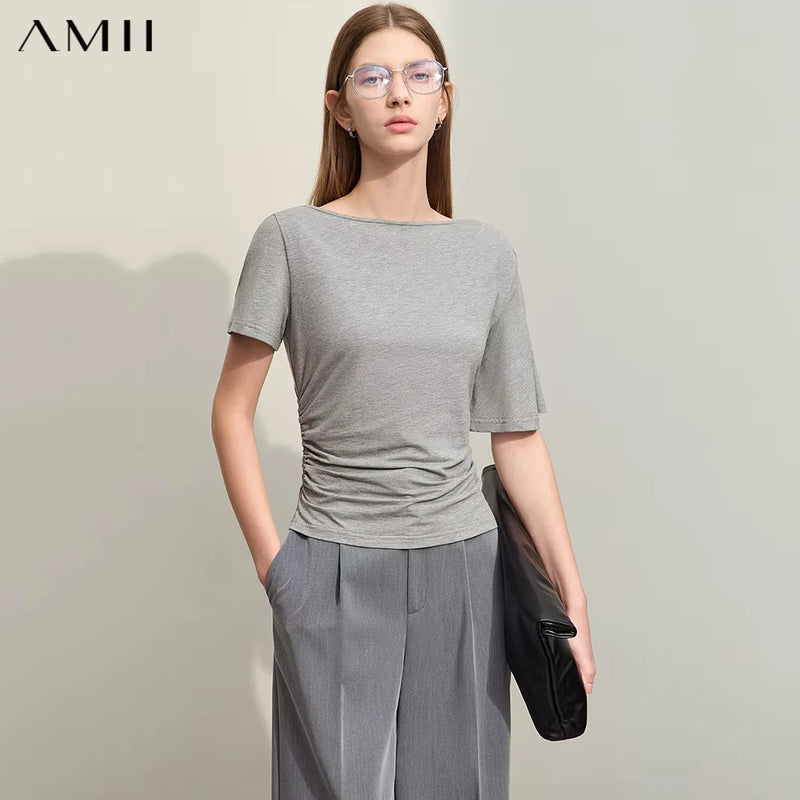 Amii Women's Tee 2026 Summer New Off Shoulder Elastic Shirred Stretch Cotton Tops Slim Asymmetric Short Sleeve T-Shirt 12622225