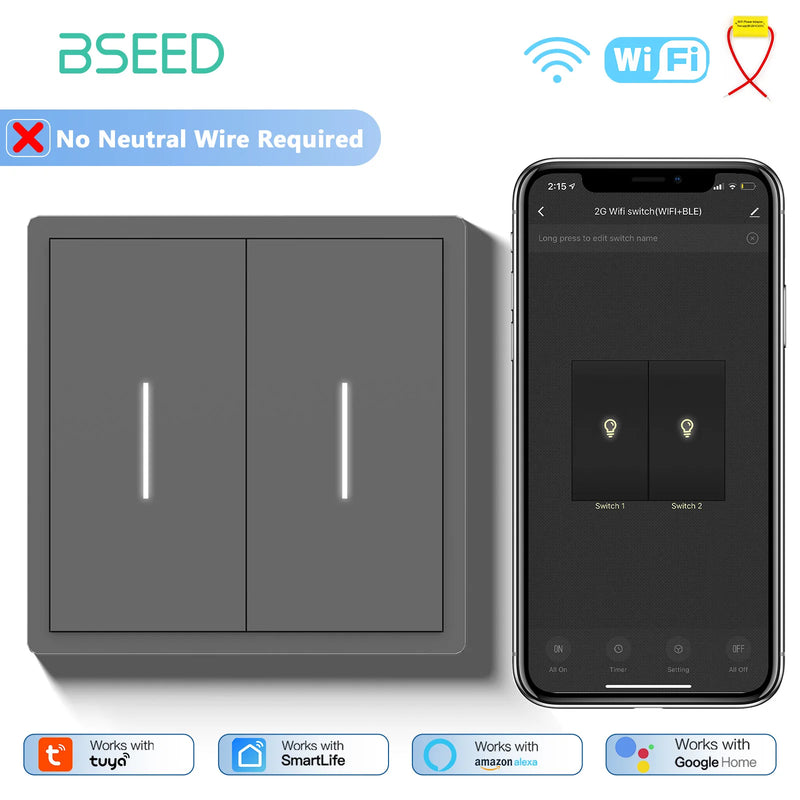 BSEED WIFI Button Light Switch 1/2/3/4Gang Smart Switch Plastic Frame Tuya Smart Life Alexa Voice Control Without Neutral Line