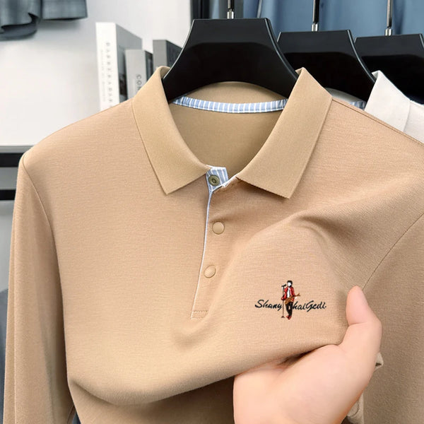 100%Cotton Man Long Sleeved Polo Shirt Lapel Button Exquisite Letter Embroidery Autumn Winter New Business Casual Men's Clothing