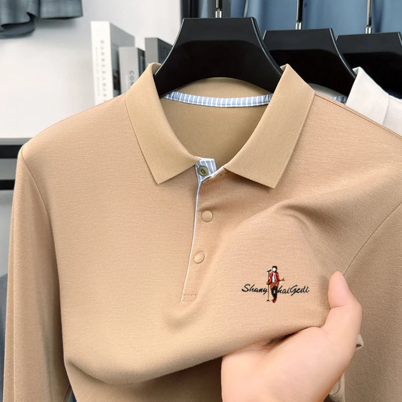 100%Cotton Man Long Sleeved Polo Shirt Lapel Button Exquisite Letter Embroidery Autumn Winter New Business Casual Men's Clothing