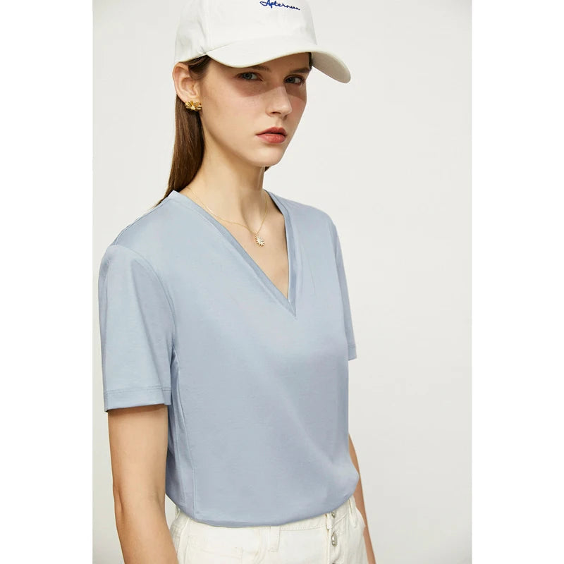 អាវយឺត Amii Minimalism 2025 សម្រាប់នារី អាវរដូវក្តៅថ្មី ក V ដៃខ្លី កប្បាស ធម្មតា ម៉ូដសាមញ្ញ 12422141
