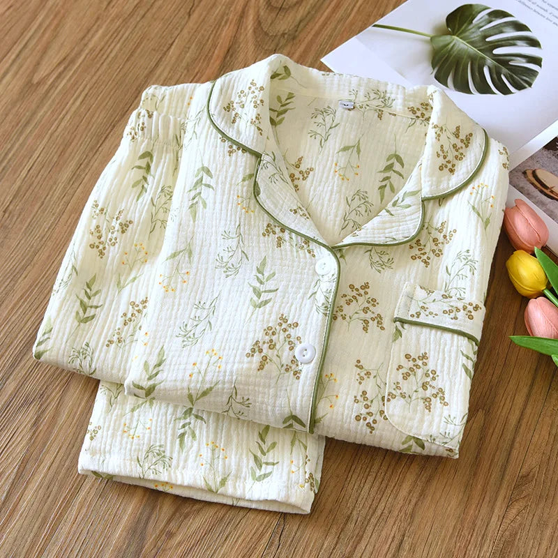 Nightwear 100% Cotton Women Pajama Printed Lapel Long Sleeve Trousers Sets Autumn Winter Home Wear Clothing Conjuntos De Pijama