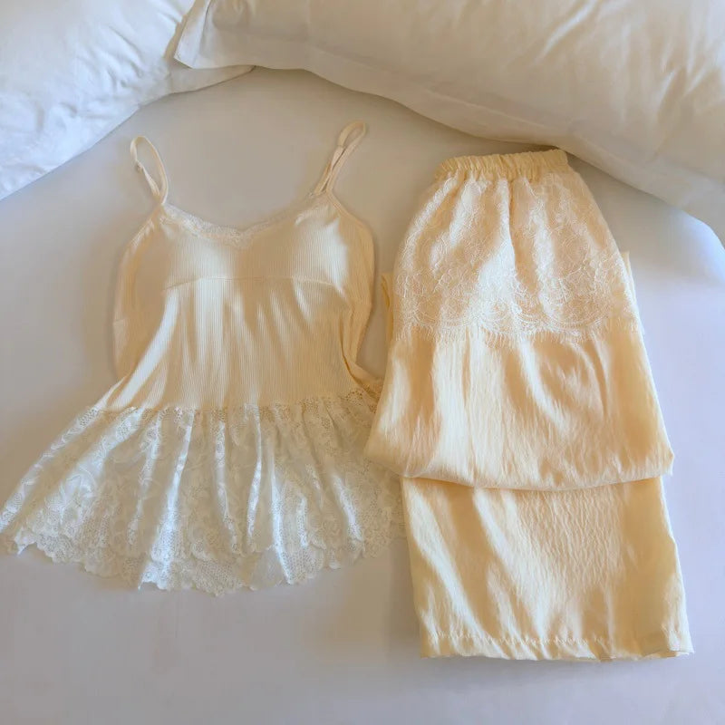 Thin Women's Pajamas Chest Pad Sleeveless Tops and Long Pants Sleepwear 2 Piece Home Clothes Comfortable Loungewear Pijama Suit