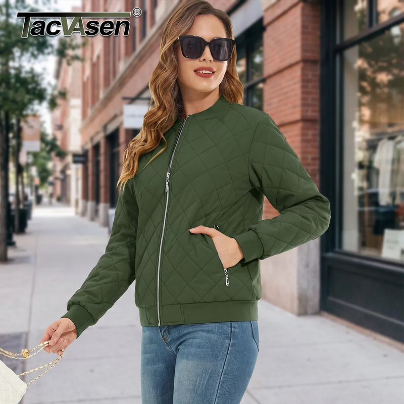 TACVASEN Women Casual Warm Diamond Quilted Jackets Jackets Full Zip Padded Classic Biker Jacket Winter Coats Streetwear Outwear