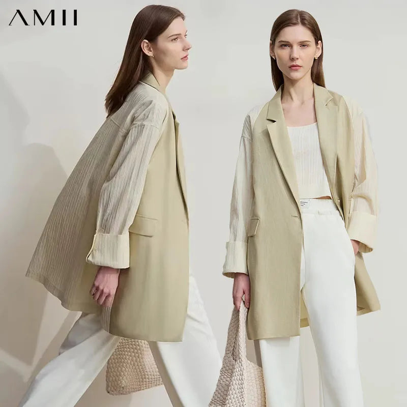 អាវក្រៅធម្មតាសម្រាប់នារី Amii Minimalist រដូវស្លឹកឈើជ្រុះឆ្នាំ ២០២៥ ធ្វើពីក្រណាត់ Lyocell Linen Collision Splicing Crumple Texture Loose Blazer 12551008