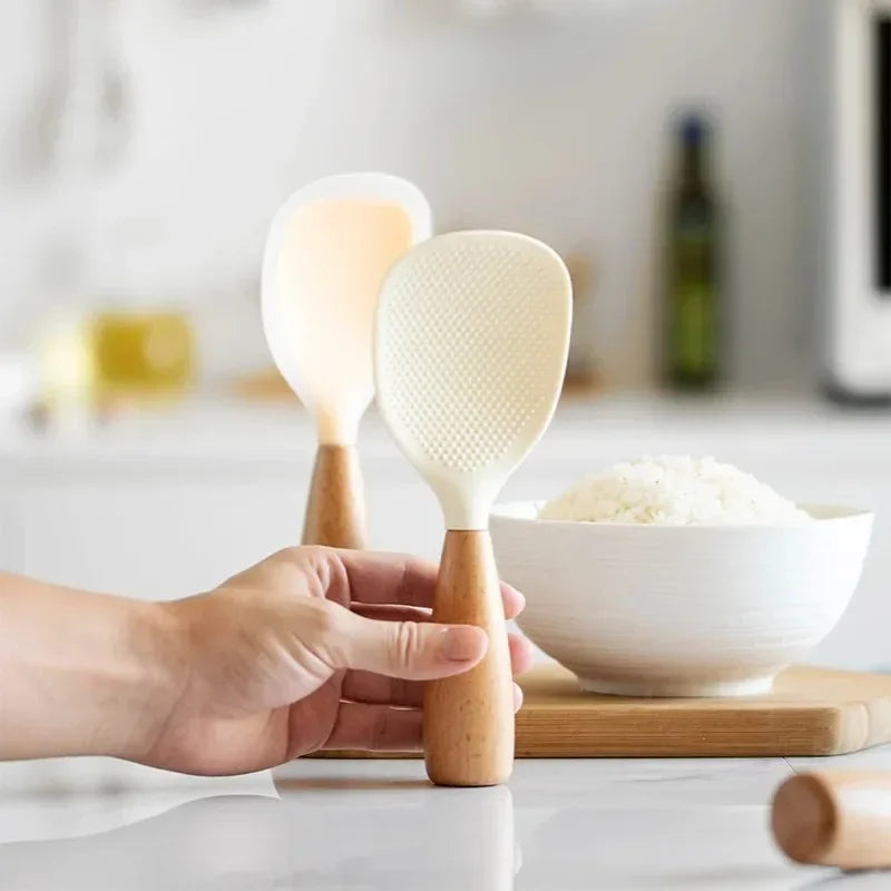 Vertical Silicone Rice Spoon with High Temperature Resistant Wooden Handle and Non-stick Rice Spoon Cute Kitchen Accessory