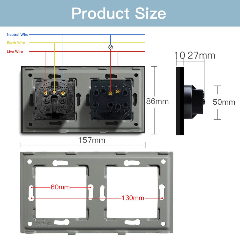 BSEED Mechanical Button Switches With Power Socket 1/2/3Gang 1Way Plastic Panel Electrical Outlets USB Type-C Wall Socket 16A