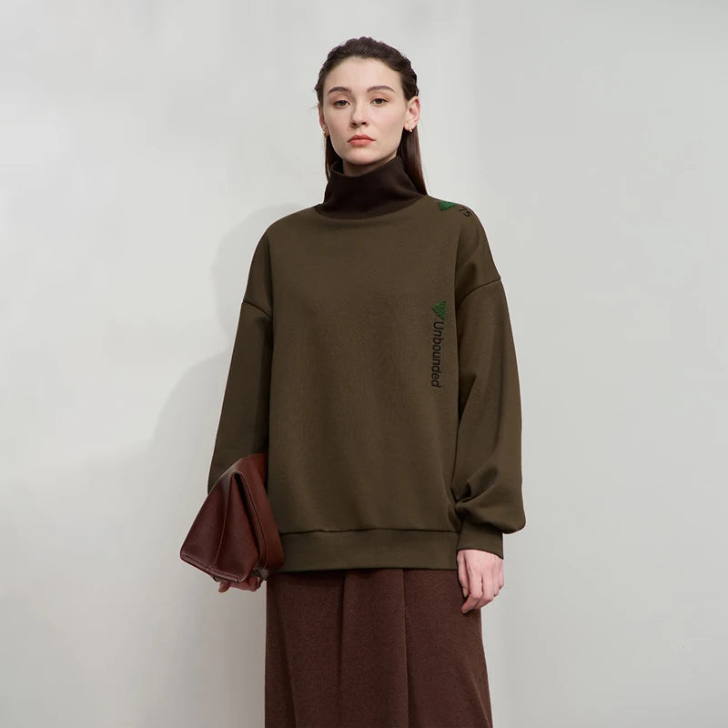 AMII Minimalist 2026 Autumn Embroidery Sweatshirt Women Loose Spliced Pullovers Tops Turtleneck Velvet Sweatshirt 12443255