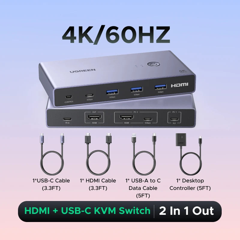 UGREEN HDMI USB C Switch 2 in 1 Out 4K 60Hz Manual Button for PS5 Xbox PC TV Monitor Projector HDCP 2.2 Home Theater Gaming
