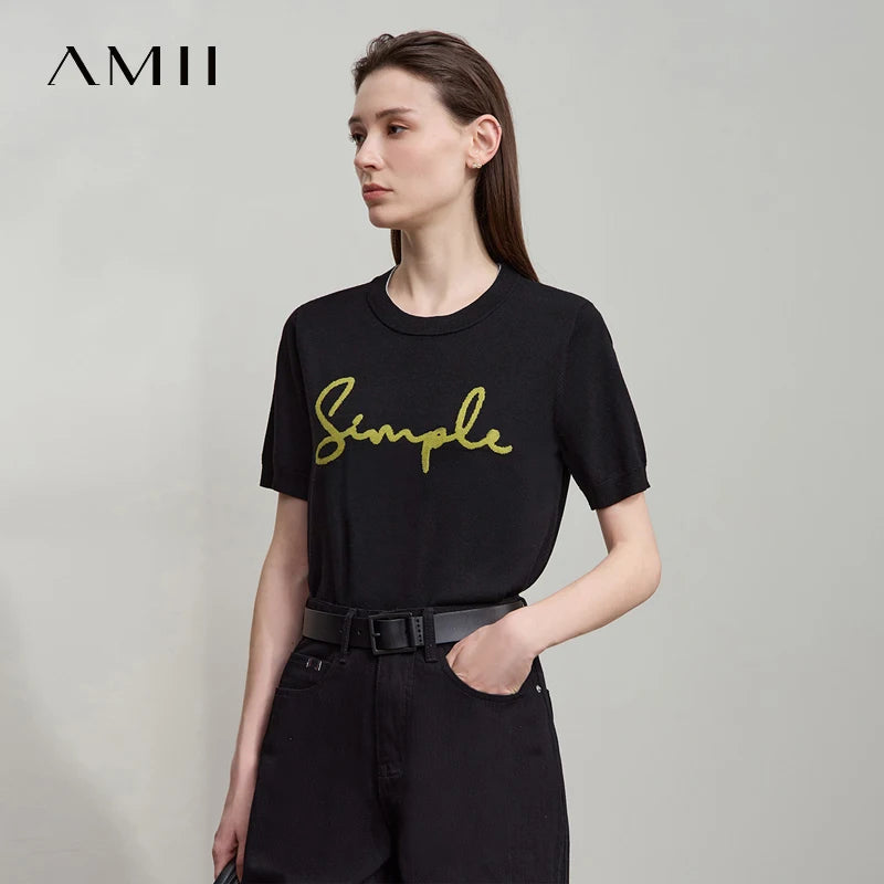 AMII Woman T-Shirts 2026 Summer Letter Jacquard Round Neck Knitted Crop Top Casual Short Sleeve Tee Women Clothes 12523051