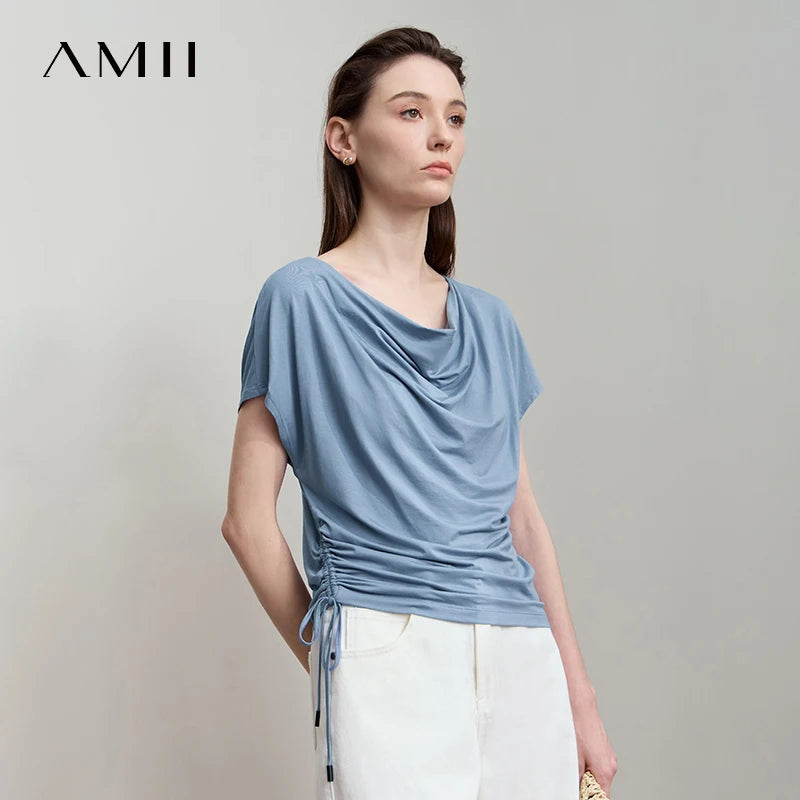 AMII Minimalist Soft Loose T-Shirt Summer Fashion Tees Unique Design Swing Neck Short Sleeve Knit Top Women Clothing 12512056