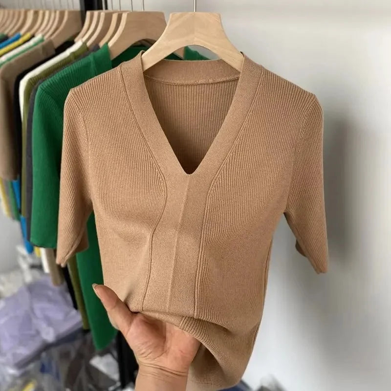 Thin Knit Tops 2026 Bottoming Shirts Women Sweater Short Sleeve V-neck Stripe Knitwears Slim Fit Shirt Korean Summer Pullovers