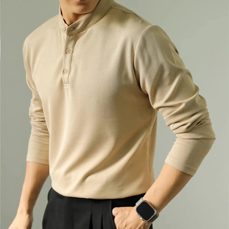 High-end New Men's Business Casual Long Sleeve Polo Shirt Stand Collar Solid Color Henley Neck T-shirt.M-4XL