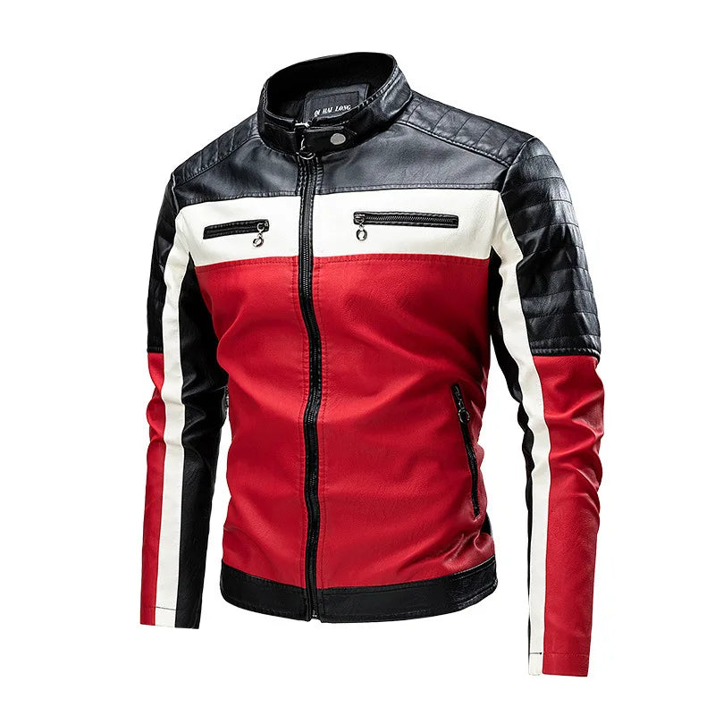 Autumn Men's Stand Collar Color-Block PU Jacket, Black Faux Leather Jackets, Spring Casual Coat. Asian Size Loose Fit Top.