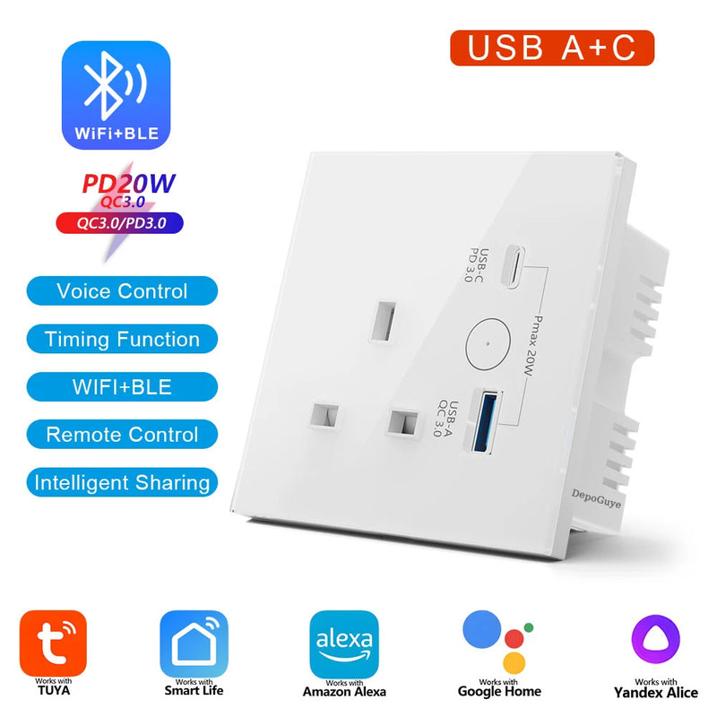 UK WiFi Smart Tuya USB Type-C 20W Fast Charging Socket Glass 13A Outlet Touch Switch Wireless Charge Work with Alexa Google Home