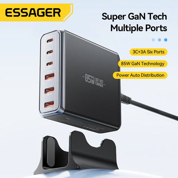 ឆ្នាំងសាក Essager 85W GaN 6 រន្ធ USB ប្រភេទ C ឆ្នាំងសាកលើតុ PD ស្ថានីយសាកថ្មលឿនសម្រាប់ iPhone 17/16/15 Samsung S24 កុំព្យូទ័រយួរដៃ iPad
