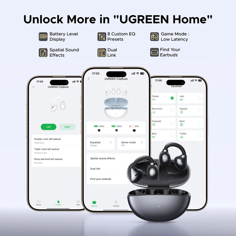 UGREEN Open Ear Wireless Headphones Bluetooth 6.0, Clip Ear Sports Earphones TWS with ENC, for 30 Hours Playtime, UGREEN APP