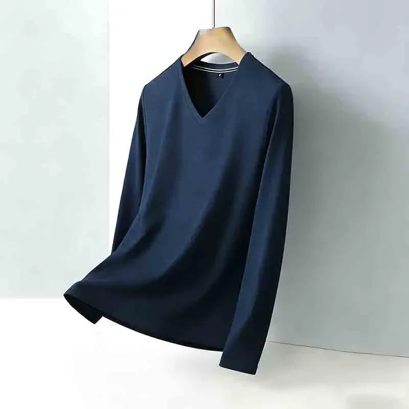 Men's Tan V-neck Long Sleeve Knit Top Classic Solid Color Everyday Outfit for All Ages