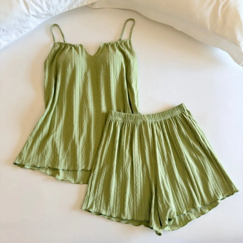 Thin Chest Pad Women's Pajamas Set Summer Sleepwear New Sleeveless Top and Shorts Homewear Two-Piece Soft Pyjamas Loungewear