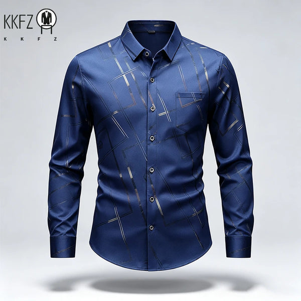 Mens Slim Long Sleeve Dress Shirt Soft Silky Fabric Classic Turn Collar Button Placket Daily Working Casual Outfit