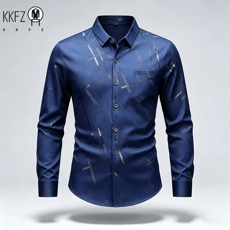Mens Slim Long Sleeve Dress Shirt Soft Silky Fabric Classic Turn Collar Button Placket Daily Working Casual Outfit