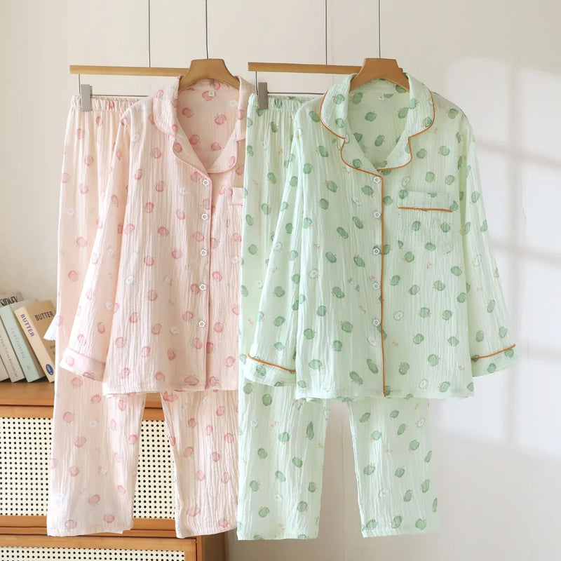Autumn New Women's Pajamas Long Sleeve TrousersTwo-piece Homewear Set Pure Cotton Pyjama Femme Nightwear Lapel Neck Sleepwear