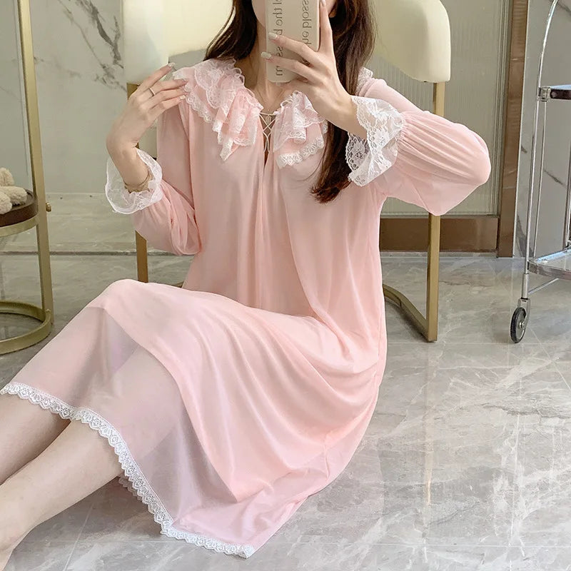Court Princess Nightgowns Modal Spring Autumn Medium Long Pajamas Dress Lace Mesh Loungewear Nightdress Women Sleepwear